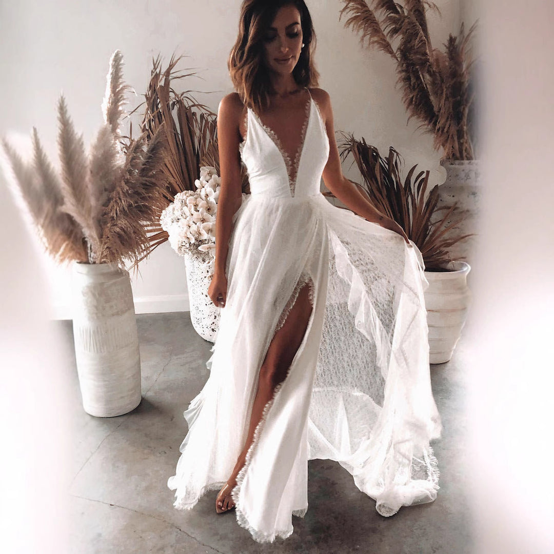 Damen Elegantes Spitzenkleid mit tiefem V-Ausschnitt und voluminösem Rock Drune