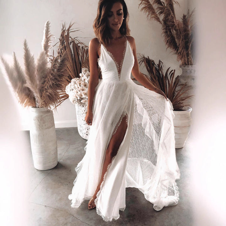 Damen Elegantes Spitzenkleid mit tiefem V-Ausschnitt und voluminösem Rock Drune