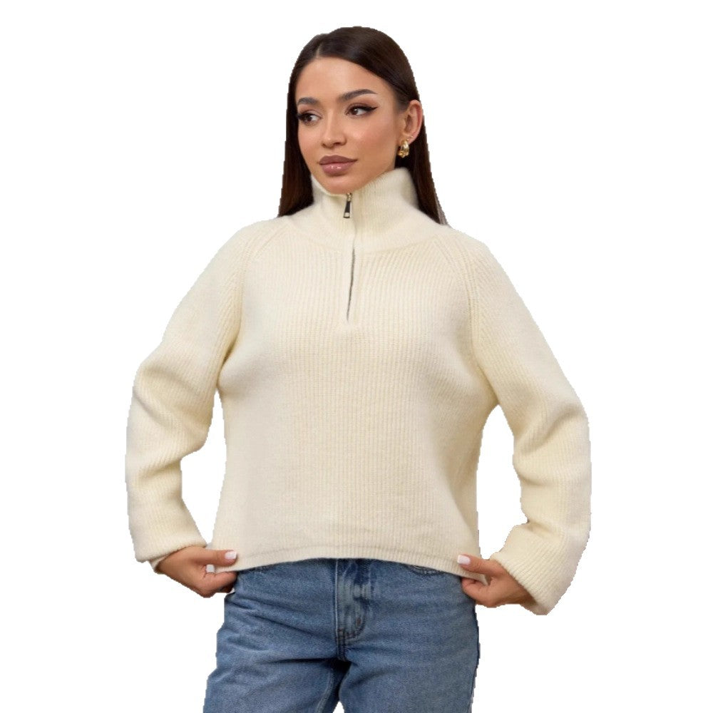Damen Modischer Strickpullover mit Stehkragen und kurzer Reißverschluss Drune