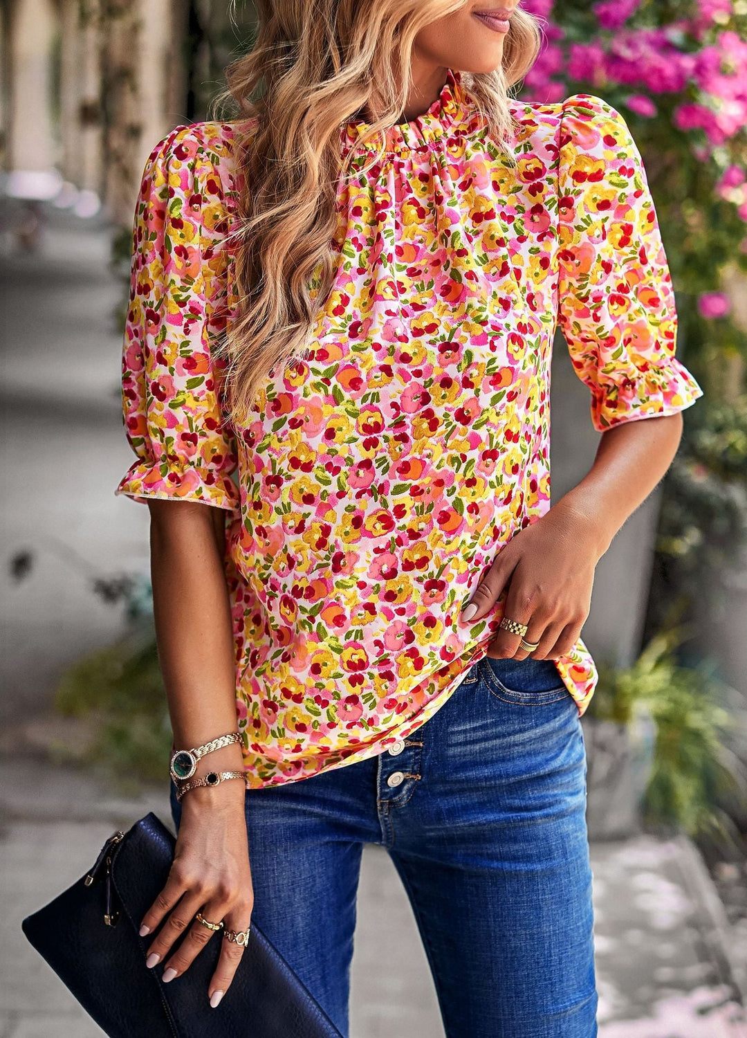 Damen Bluse mit Verspieltem Blumendesign und Puffärmeln Drune