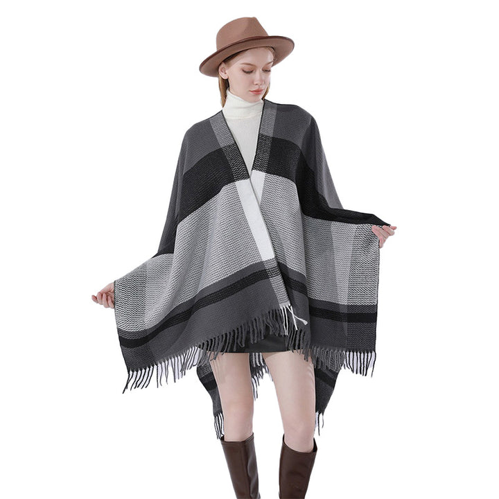 Damen Oversize Wollmix-Überwurf mit V-Ausschnitt und Fransen Drune