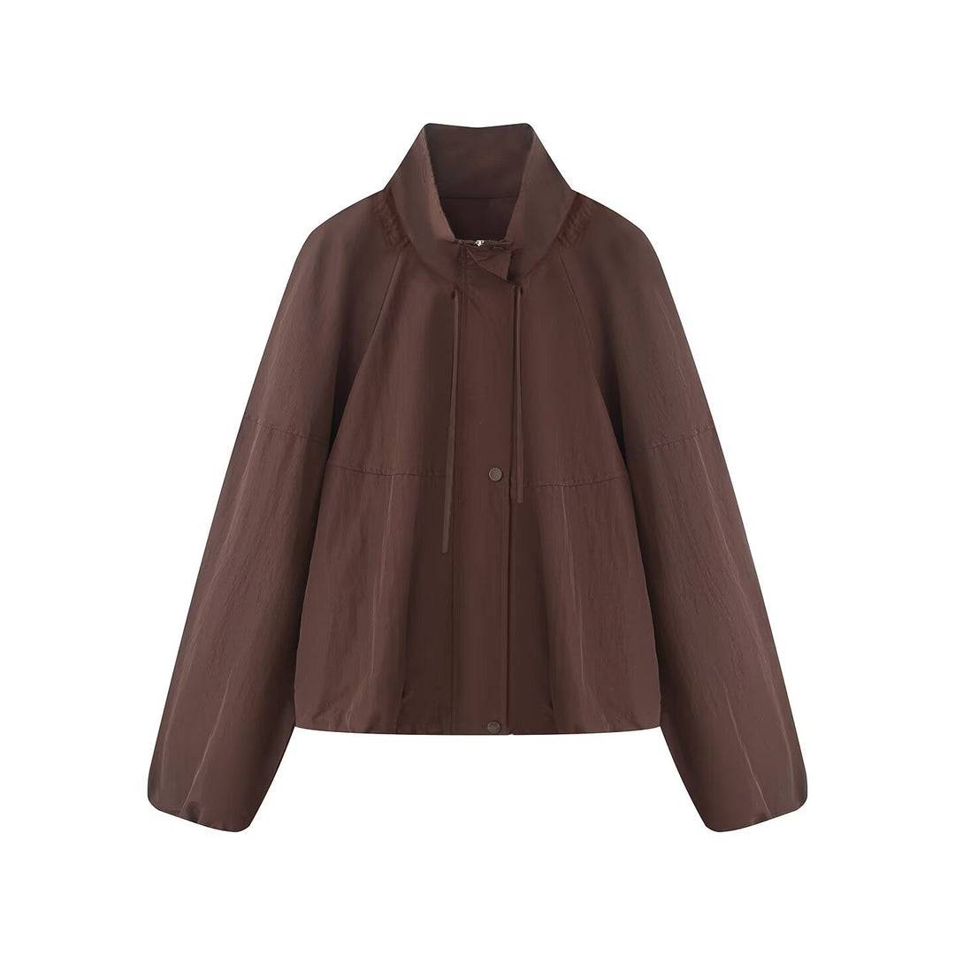Damen Leichte Oversize-Blousonjacke aus Nylon mit Stehkragen, Kordelzug und Druckknopfverschluss Drune