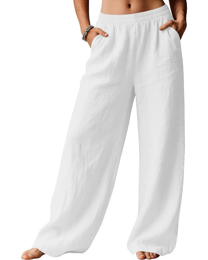 Damen bequeme weite Leinenhose mit elastischem Bund Drune
