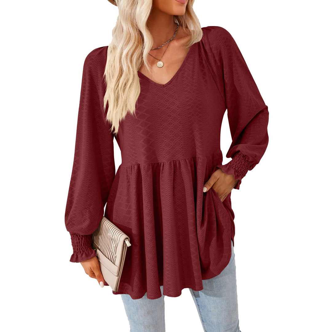 Damen lässiges V-Ausschnitt Blusenshirt mit Rüschen und Taschen Drune