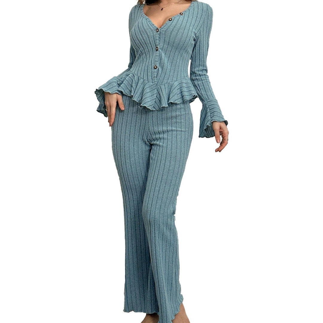Damen geripptes Lounge-Set mit V‑Ausschnitt Knopfleiste Peplum-Top und weitem Palazzo-Hose Drune