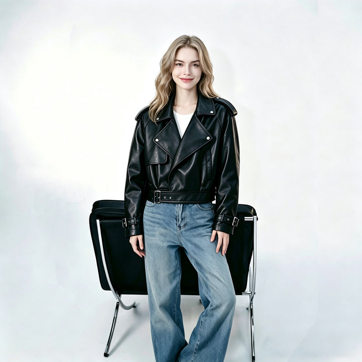Damen Modische Cropped Kunstlederjacke Drune