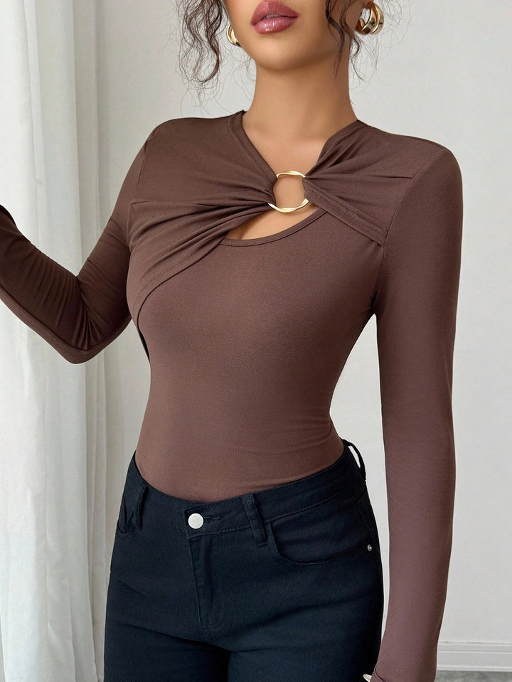 Damen nan figurbetonter Langarm-Body mit Leopardenprint und Zier-Ring Drune