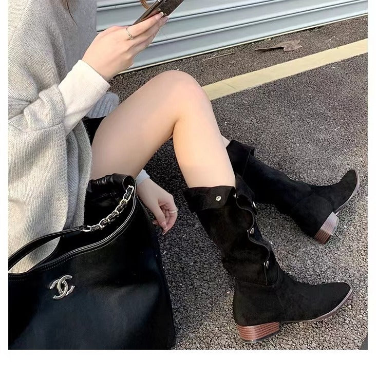 Damen Wadenhohe Velourslederstiefel mit umklappbarer Manschette und spitzer Kappe Drune