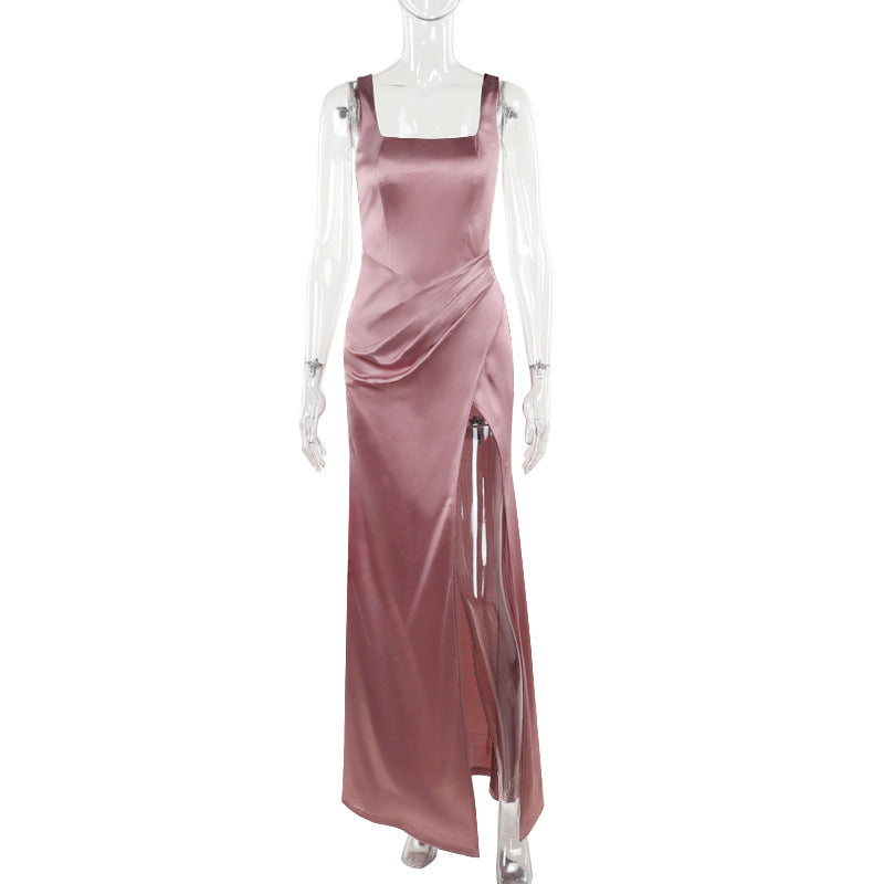 Damen elegantes Maxikleid mit anliegendem Oberteil und hohem Schlitz Drune