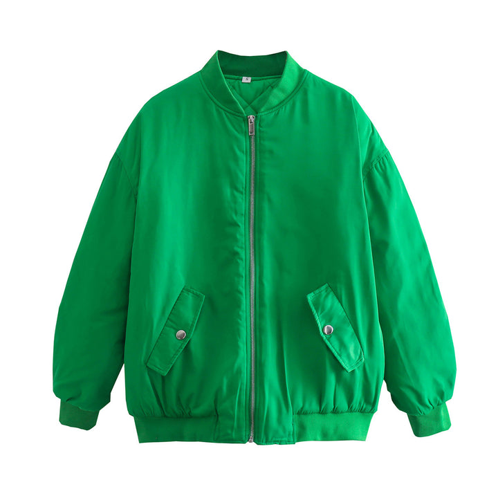 Damen nan oversized Bomberjacke mit Stehkragen, Reißverschluss und Druckknopf-Taschen Drune