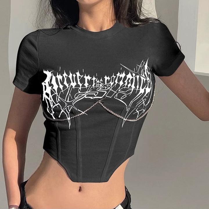 Damen Cropped Top mit künstlerischem Druck und figurbetontem Schnitt Drune