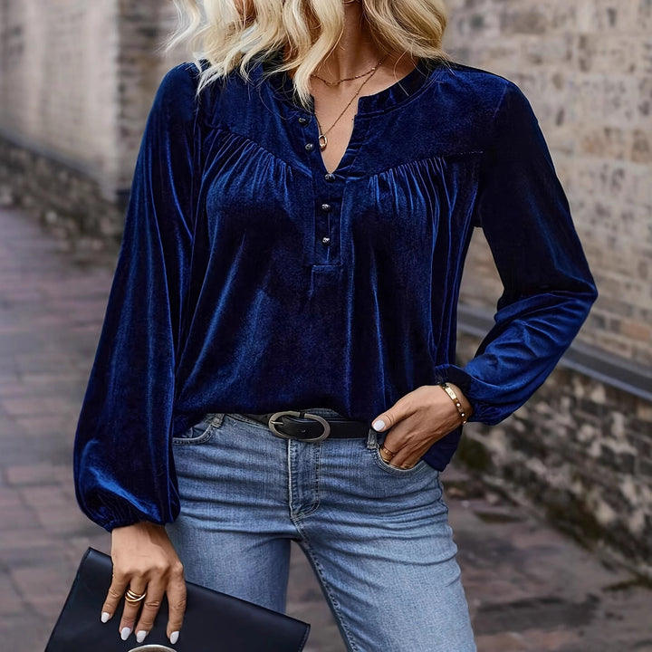 Damen Samtbluse mit Knopf‑Henley, geraffter Brustpasse und lockerer Passform Drune