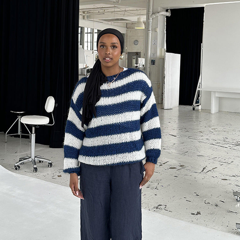 Damen lässiger gestrickter Pullover mit asymmetrischem Schnitt und Streifenmuster Drune