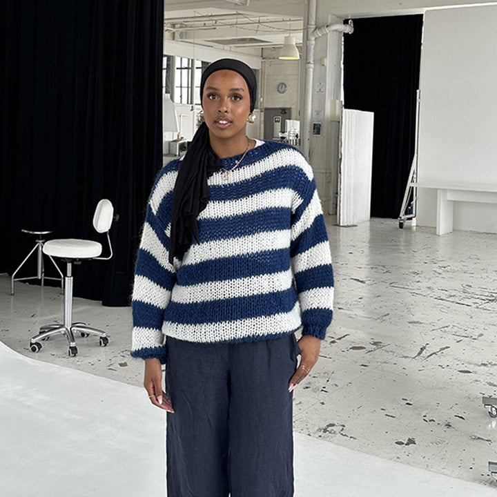 Damen lässiger gestrickter Pullover mit asymmetrischem Schnitt und Streifenmuster Drune