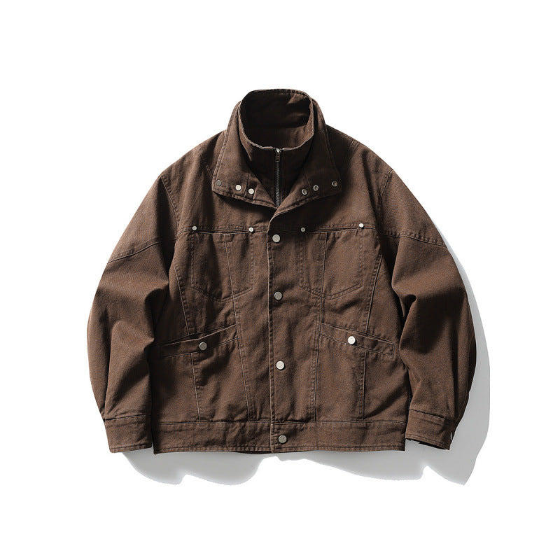 Herren Oversize-Canvasjacke mit Stehkragen, Druckknopf-Front und verdecktem Reißverschlussinneneinsatz Drune