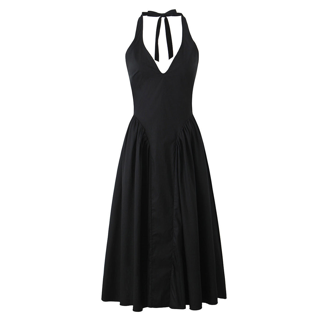 Damen A-linien Midi-Kleid mit tiefem V-Ausschnitt und verspieltem Rückenausschnitt Drune
