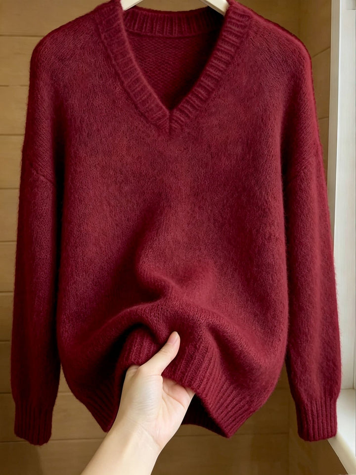 Damen Flauschiger Mohair-Mix Oversize-Pullover mit tiefem V-Kragen Drune