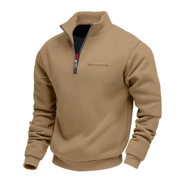 Herren nan Sweatshirt mit halbem Reißverschluss, Stehkragen und Brust-Welttasche Drune