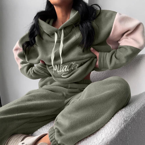 Damen kuscheliges Hoodie-Set mit kontrastärmel, elastischer High-Waist-Jogginghose und überschnittener Kapuze Drune