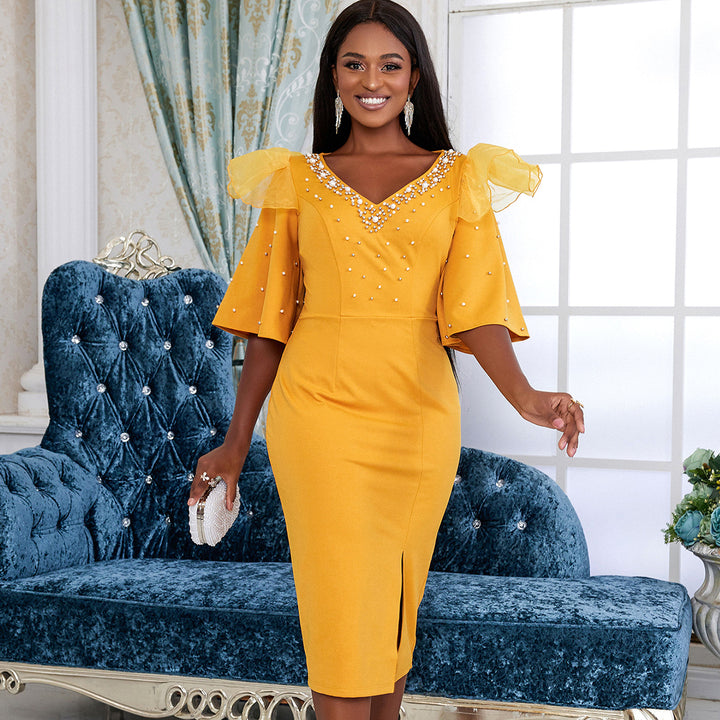 Damen elegantes Schimmerndes Midi-Kleid mit Volantrüsche und Glamourösen Akzenten Drune