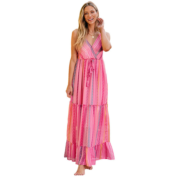 Damen Maxikleid mit V-Ausschnitt und verspieltem Streifenmuster Drune
