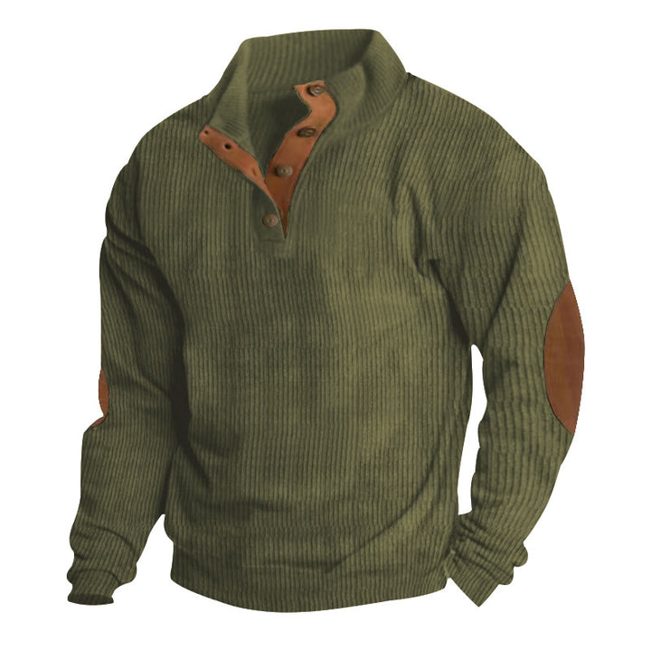 Herren Gerippter Henley-Pullover mit Stehkragen, Knopfleiste & Leder-Ellbogenpatches Drune
