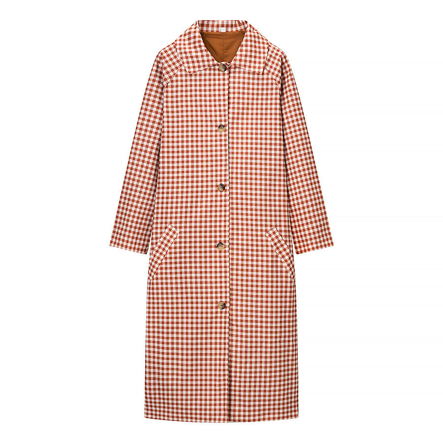 Damen Karo-Trenchcoat mittellang mit Knopfleiste und kontrastgefütterten Manschetten Drune