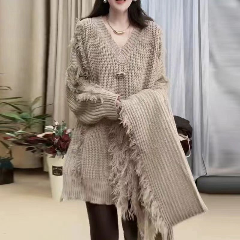 Damen Oversized Strickpullover mit Fransen und V-Ausschnitt Drune