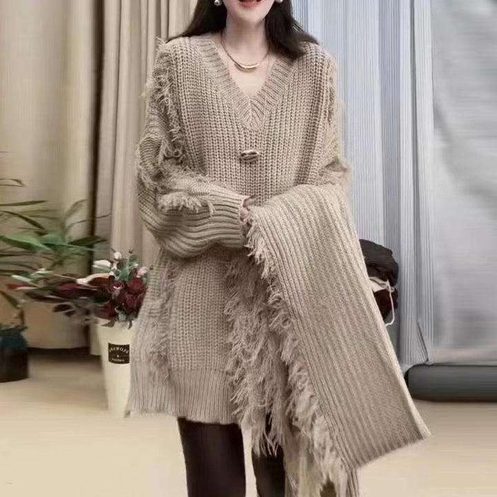 Damen Oversized Strickpullover mit Fransen und V-Ausschnitt Drune