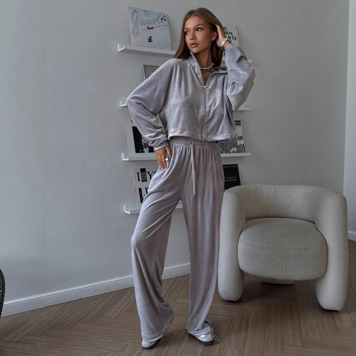 Damen Samt-Loungewear-Set mit kurzem Reißverschluss-Sweater und weitem Kordelzug-Hose Drune