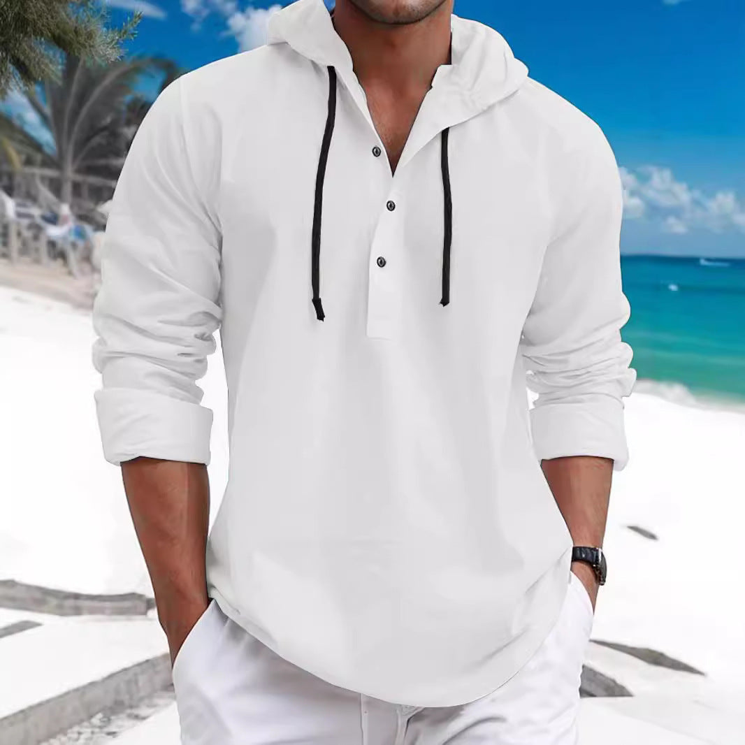 Herren nan sommerliches Hoodie-Henley mit verdeckter Knopfleiste, Kordelzug und gerundetem Saum Drune