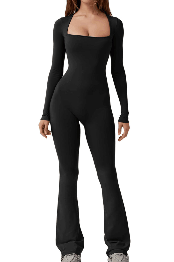 Damen figurbetontes Jumpsuit mit quadratischem Ausschnitt, langen Ärmeln und ausgestellt Bein Drune