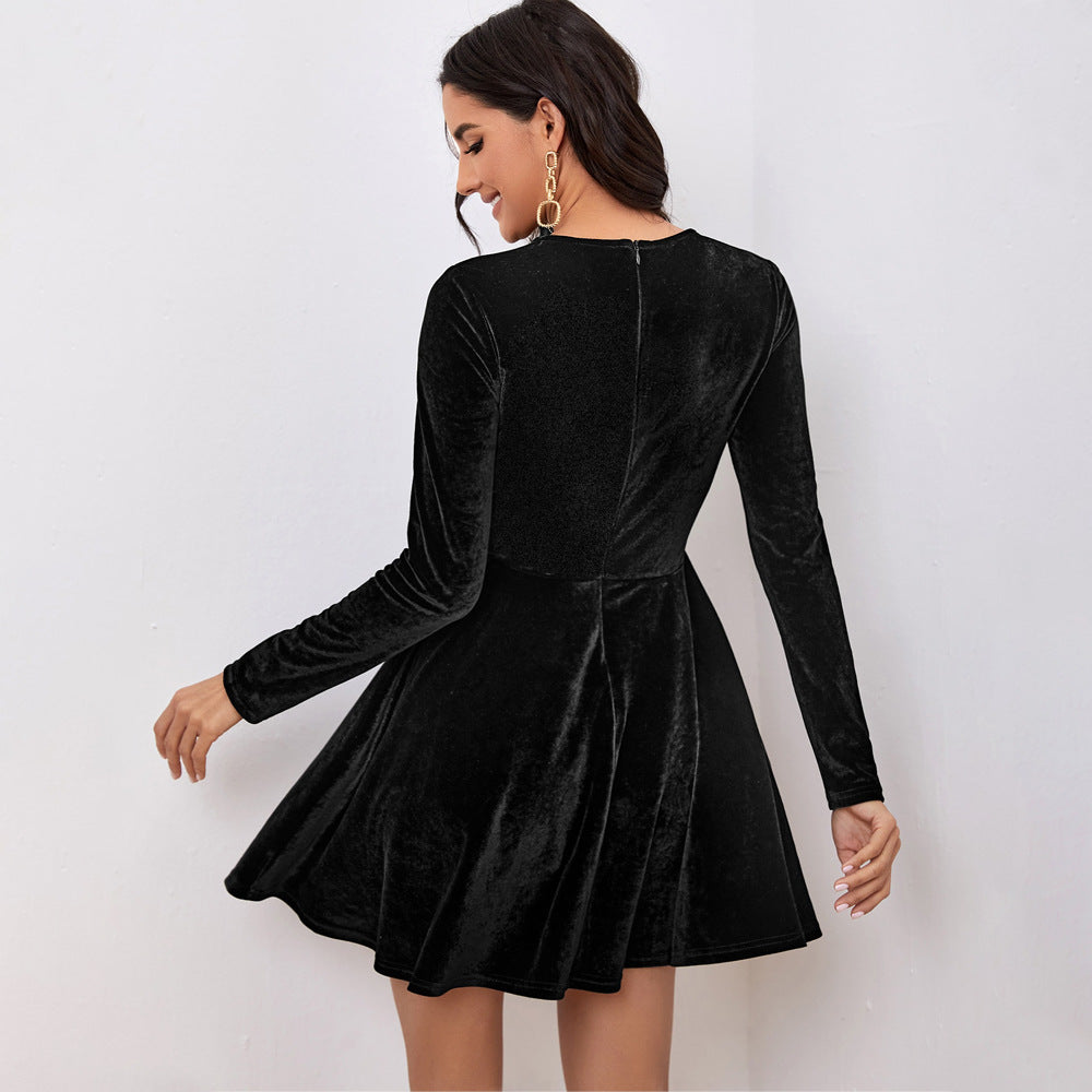 Damen Samtkleid mit taillengürtel, ausgestelltem Rock und figurformender Oberteil Drune