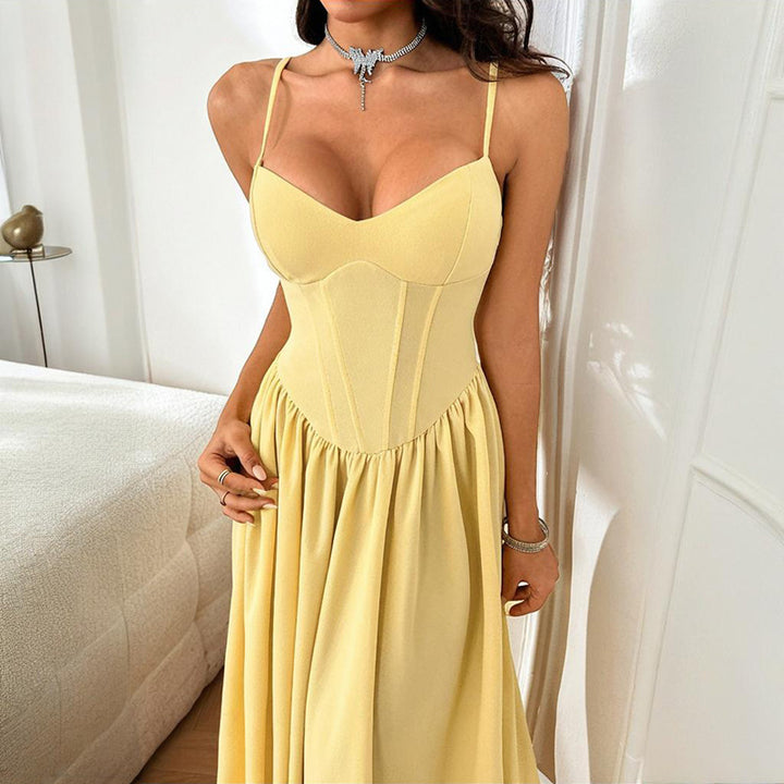 Damen elegantes Maxikleid mit taillierter Silhouette und feinen Trägern Drune