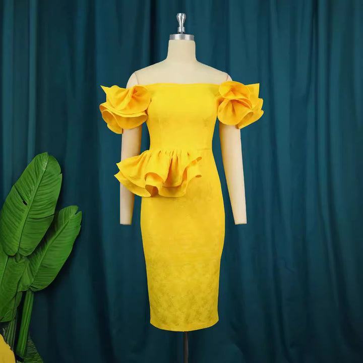 Damen figurbetontes Cocktailkleid mit voluminösen Rüschenärmeln Drune
