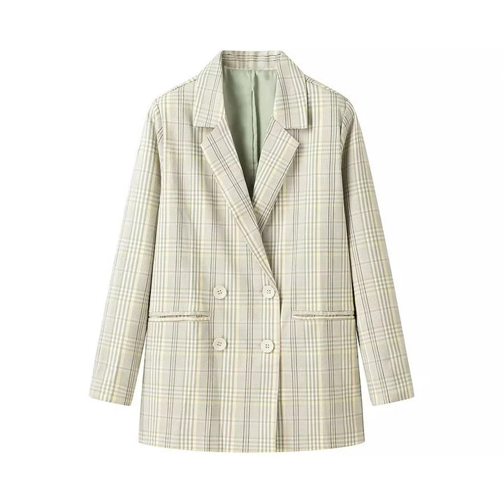 Damen nan oversized karierten zweireihigen Blazer mit Reverskragen und Pattentaschen Drune