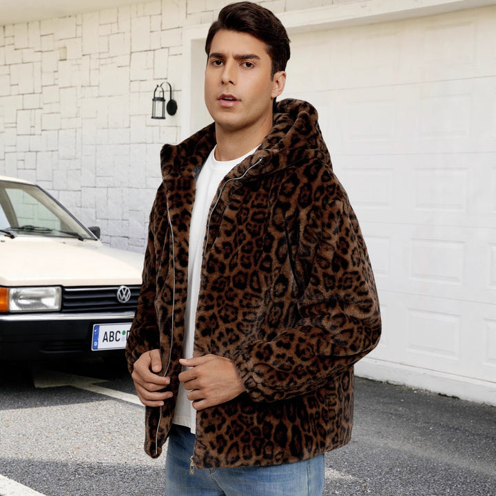 Herren Flauschige Kunstpelzjacke mit modischem Leopardenmuster Drune