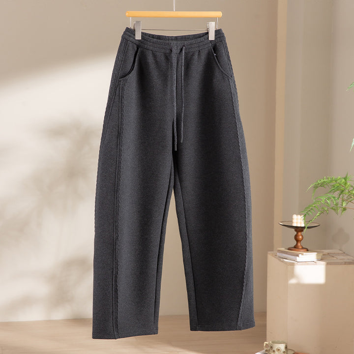 Damen Relaxed-Fleece-Hose mit hoher Taille, Tunnelzug und dekorativer Seitennaht Drune