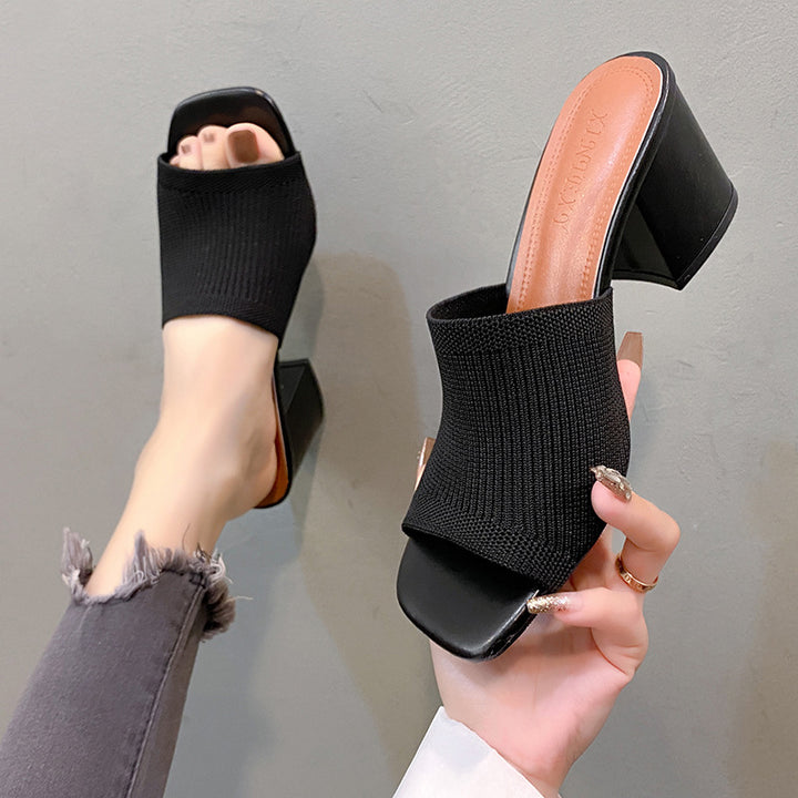 Damen Strick‑Mule mit offenem Zehenbereich und mittelhohem Blockabsatz Drune
