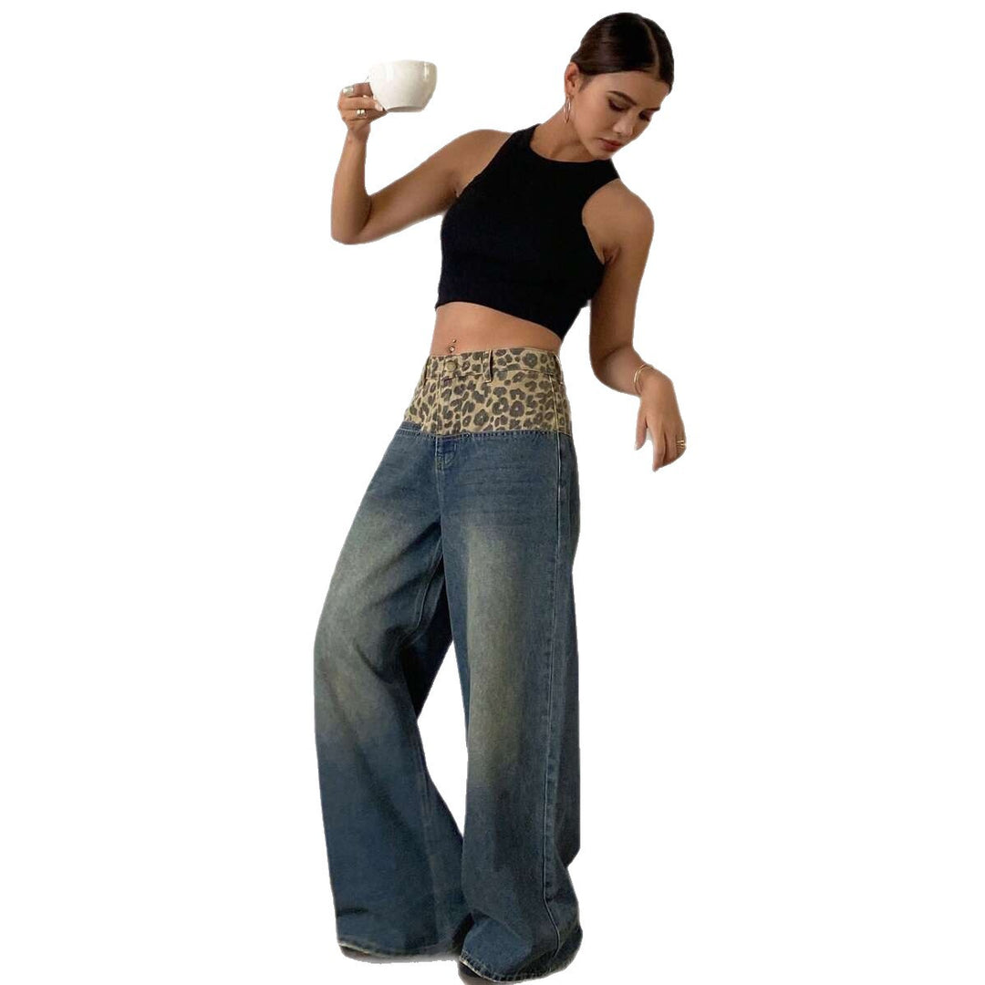 Damen Weit geschnittene Jeans mit Leopard-Hochbund Drune