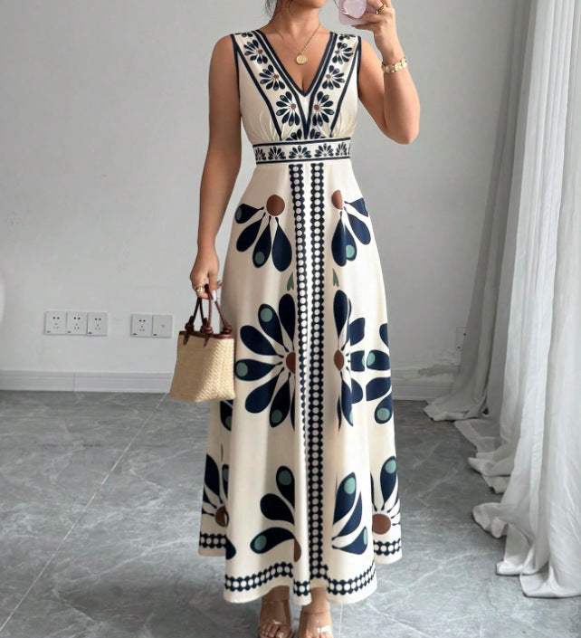 Damen Maxikleid mit voluminösem Blumenmuster und tiefem V-Ausschnitt Drune