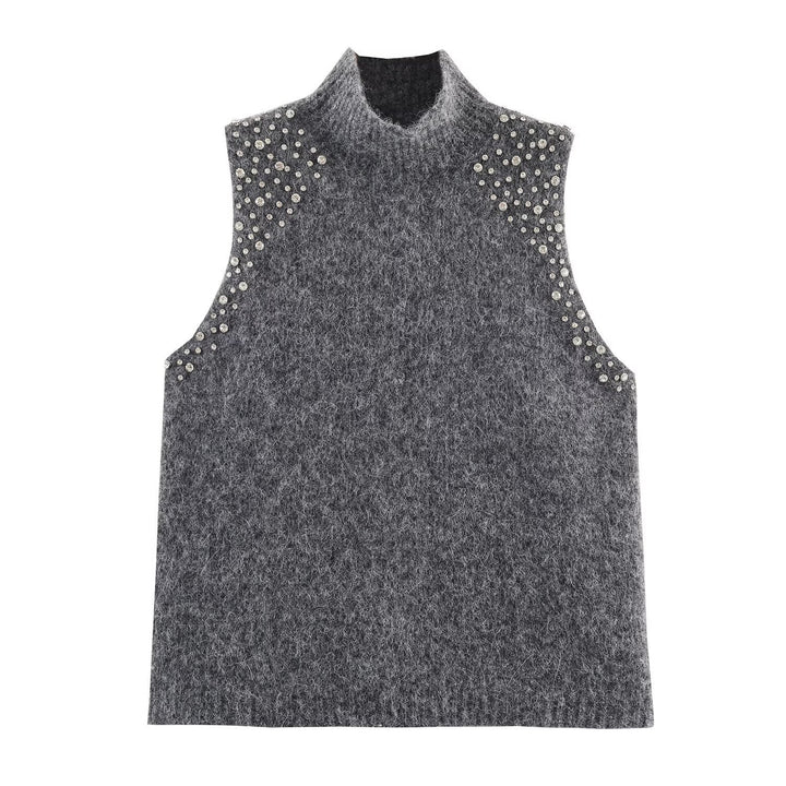 Damen ärmelloses Strickoberteil mit eleganten Perlenverzierungen Drune