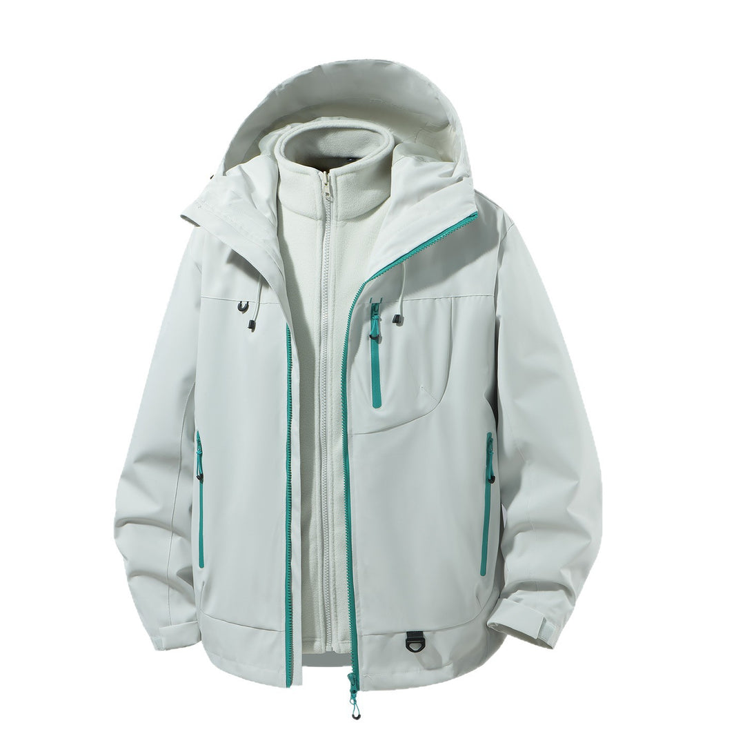 Herren zweiteiliger wasserdichter Softshell-Parka mit herausnehmbarer Fleece-Innenjacke, verstellbarer Kapuze und Multifunktions-Taschen Drune