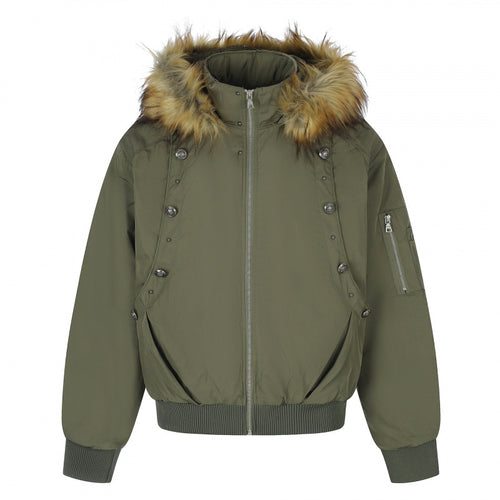 Damen Gefütterte Bomberjacke mit Kapuze und Kunstfellkragen Wattierte Winterjacke Drune