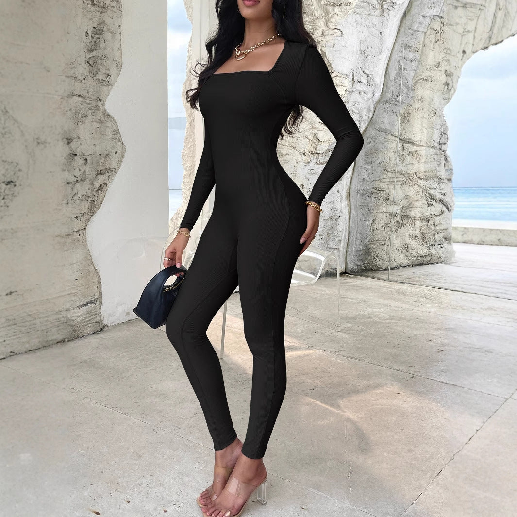 Damen nan figurbetonter Ripp‑Jumpsuit mit quadratischem Ausschnitt, Longsleeves und Sculpting‑Passform Drune