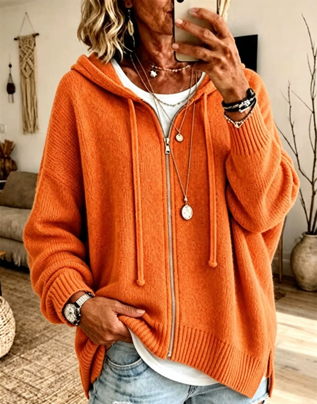 Damen Oversize Kapuzen-Zip-Cardigan aus weichem Feinstrick Drune