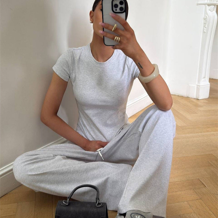 Damen figurnahes Kurzarm-Rippshirt und elastische High-Waist-Loungehose Set Drune