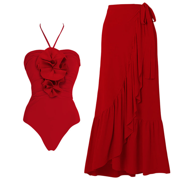 Damen Eleganter V-Ausschnitt Badeanzug mit dekorativem Blumenarrangement Drune
