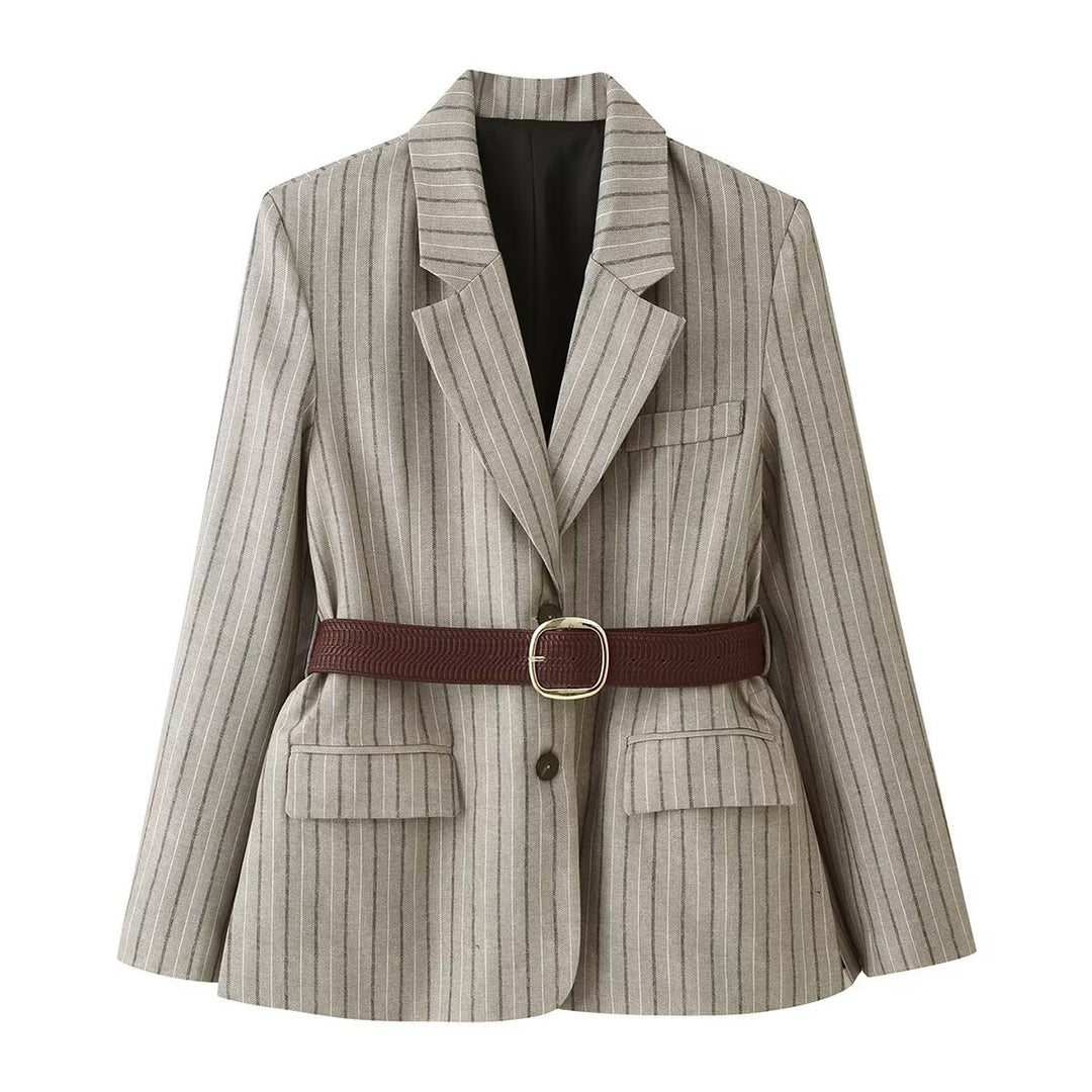 Damen Taillierter Leinenmix-Blazer mit Nadelstreifen, Pattentaschen und Taillengürtel-Detail Drune