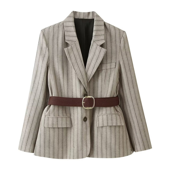 Damen Taillierter Leinenmix-Blazer mit Nadelstreifen, Pattentaschen und Taillengürtel-Detail Drune